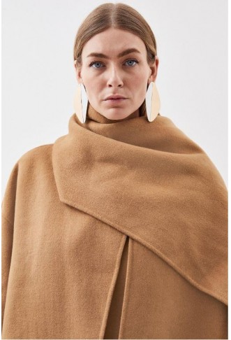 Camel Tailored Double Faced Wool Scarf Neck Midi Coat