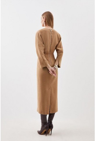 Tailored Wool Blend Rounded Sleeve Double Faced Midi Dress