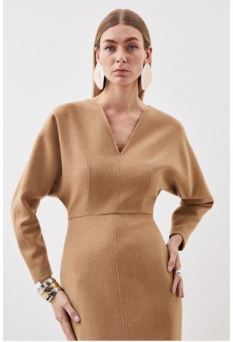 Tailored Wool Blend Rounded Sleeve Double Faced Midi Dress