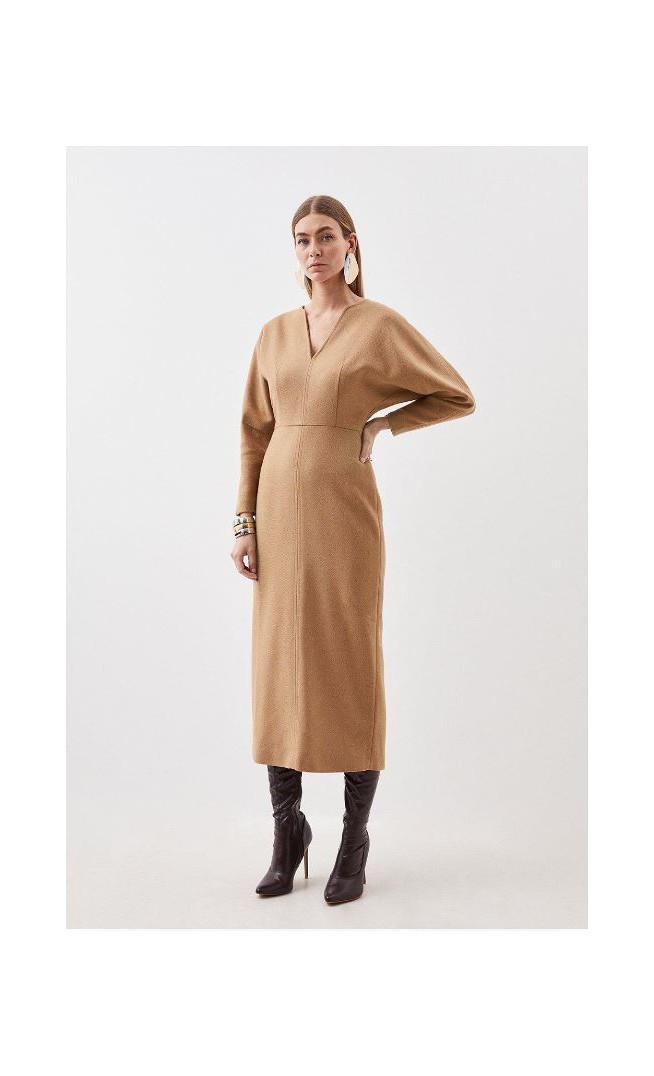 Tailored Wool Blend Rounded Sleeve Double Faced Midi Dress