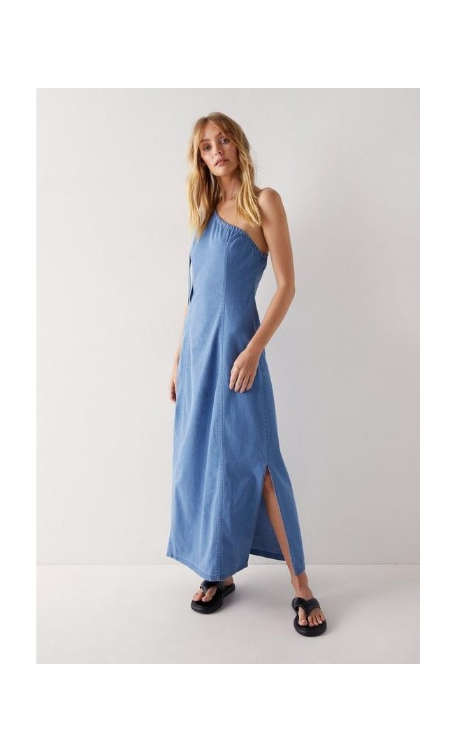 Chambray Denim One Shoulder Tie Midi Dress