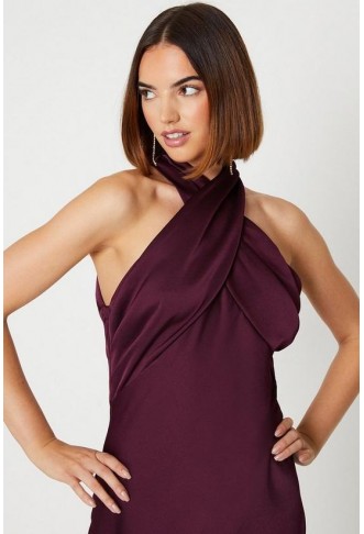 Satin Twist Halter Neck Dress