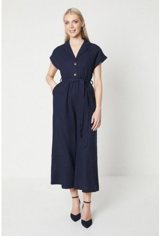 Linen Blend Belted Jumpsuit