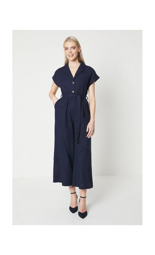 Linen Blend Belted Jumpsuit