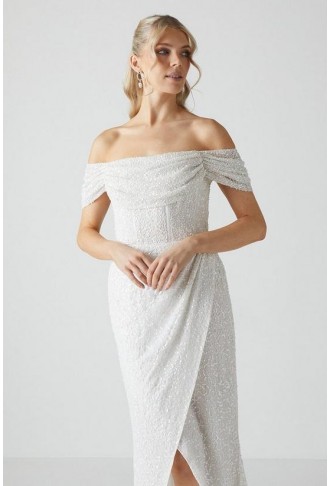 Draped Bardot Cap Sleeve Wrap Skirt Wedding Dress