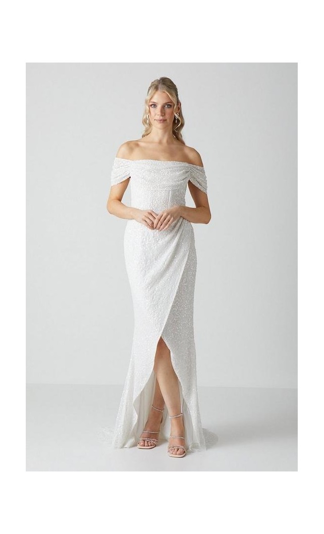 Draped Bardot Cap Sleeve Wrap Skirt Wedding Dress