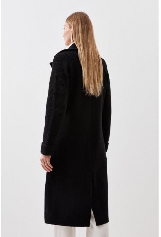 Black Compact Wool Blend Knit Sleeve Coat