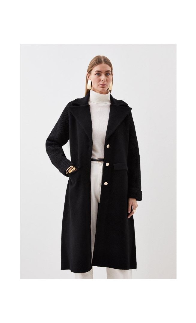 Black Compact Wool Blend Knit Sleeve Coat