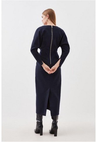 Indigo Tailored Flannel Seamed Detail Rounded Sleeve Midi Dress