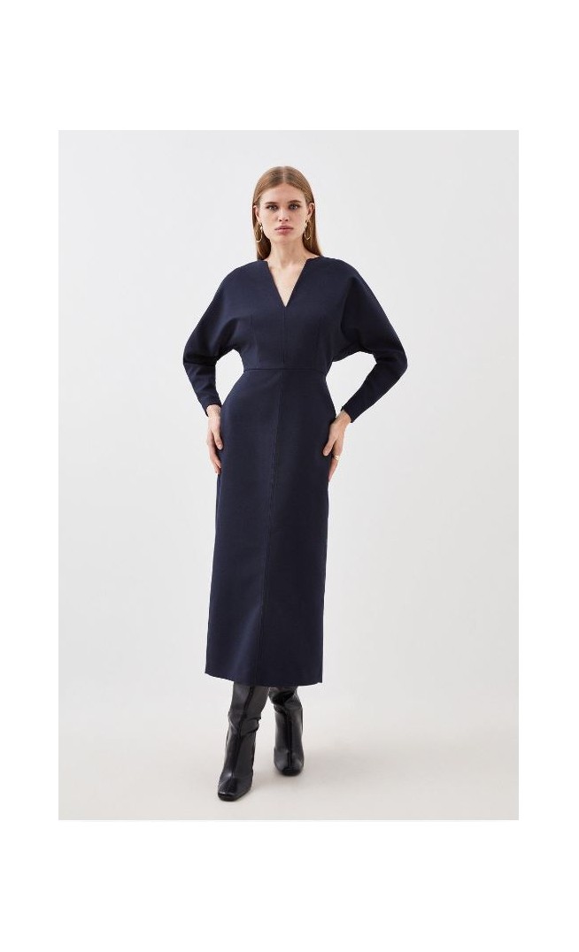 Indigo Tailored Flannel Seamed Detail Rounded Sleeve Midi Dress