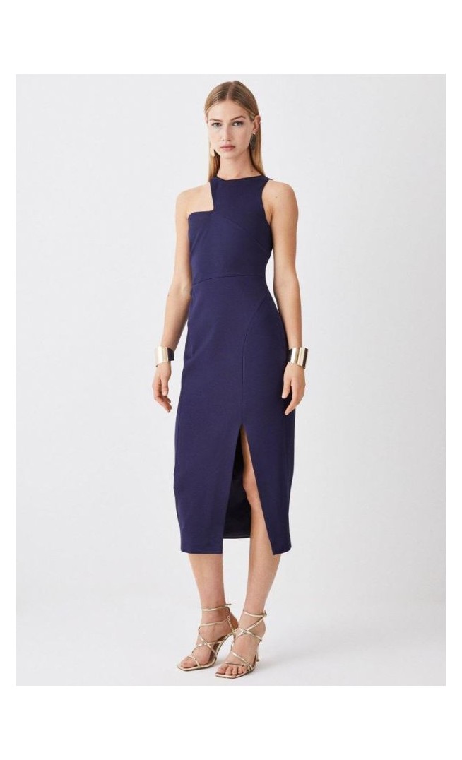 Italian Structured Jersey Asymmetric Neck Line Midi Dress