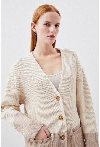 Cotton Plaited Viscose Blend Rib Knit Colour Block Pocket Cardigan