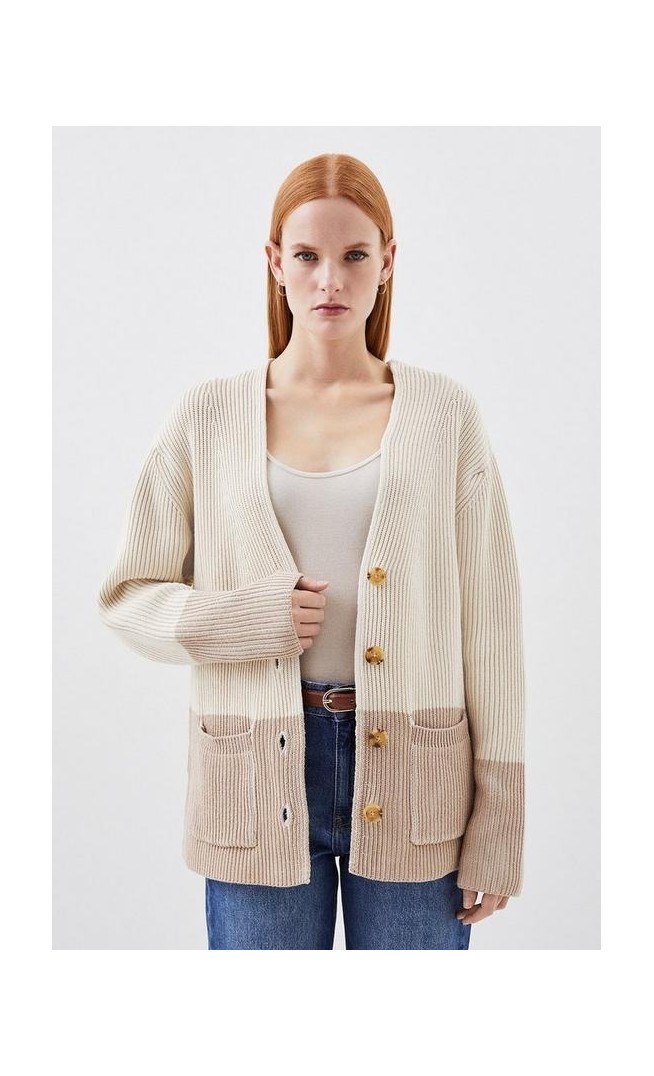 Cotton Plaited Viscose Blend Rib Knit Colour Block Pocket Cardigan