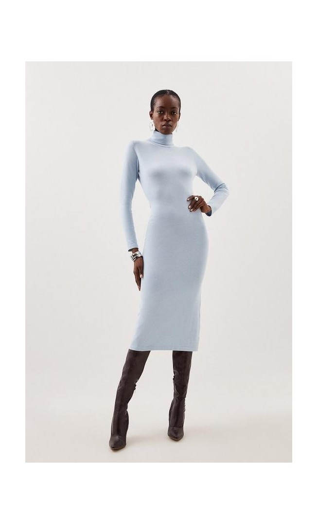 Viscose Blend Knit Roll Neck Midi Dress