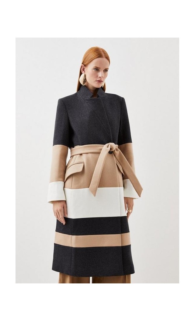 Italian Manteco Wool Blend Contrast Midi Coat