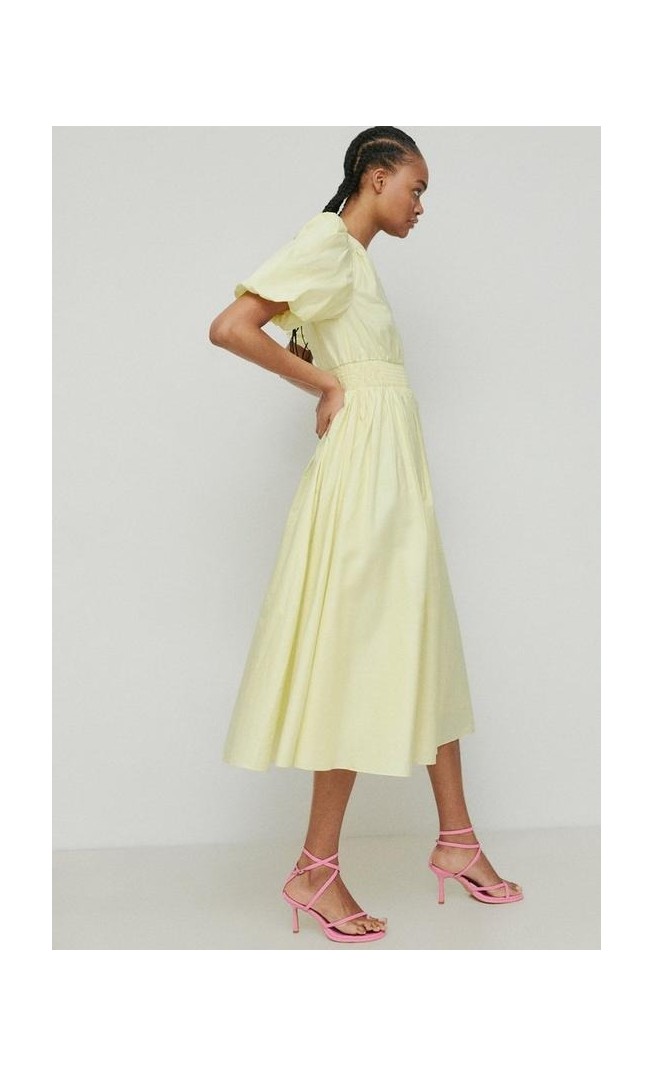 Cotton Poplin V Neck Puff Sleeve Midi Dress