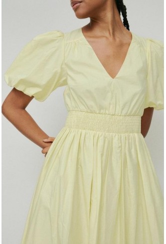 Cotton Poplin V Neck Puff Sleeve Midi Dress