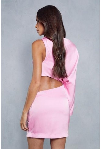 Premium Satin Twist Shoulder Cut Out Mini Dress