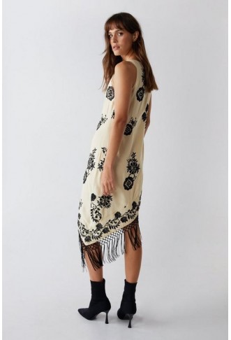 Premium Embroidered Tassel Shaped Hem Midi Beach Dress