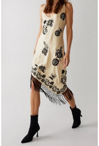 Premium Embroidered Tassel Shaped Hem Midi Beach Dress