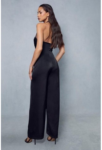 Satin Draped Bust Halterneck Straight Leg Jumpsuit