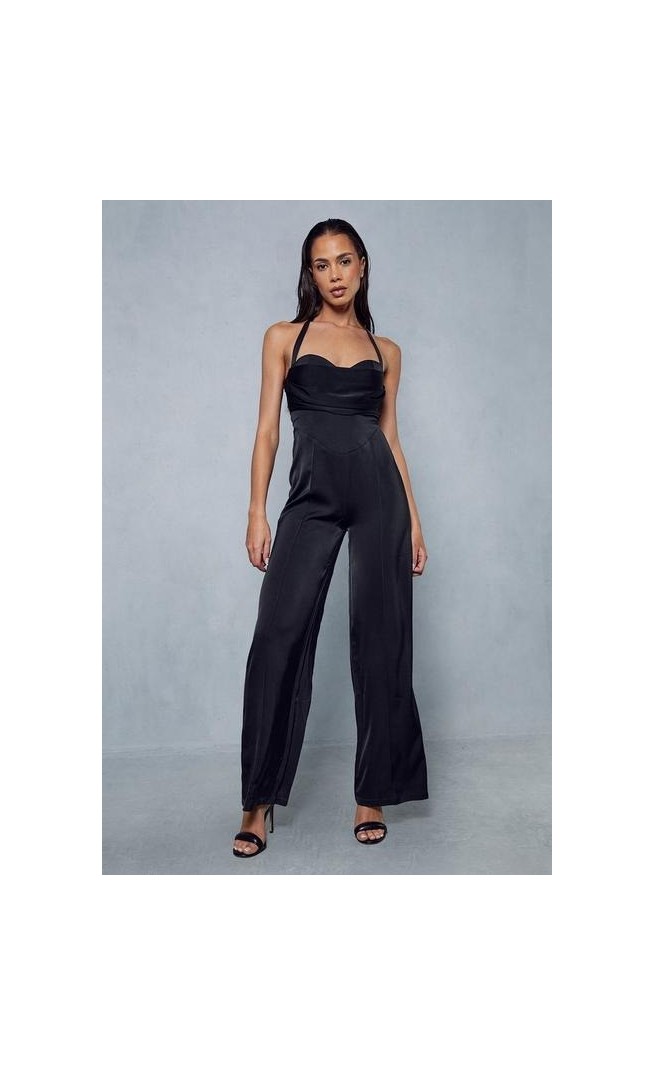 Satin Draped Bust Halterneck Straight Leg Jumpsuit