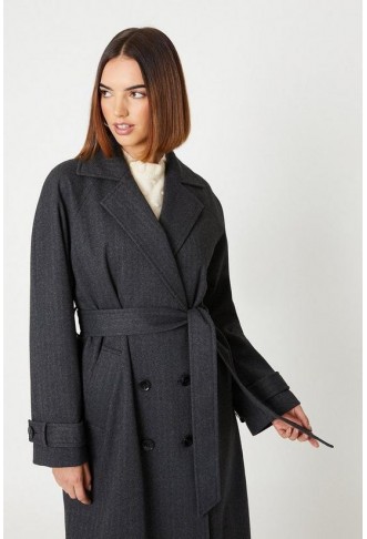 Herringbone Detail Belted Coat