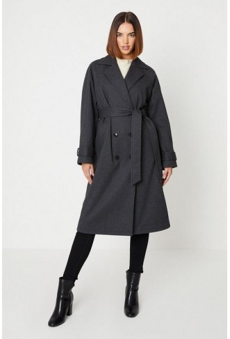 Herringbone Detail Belted Coat