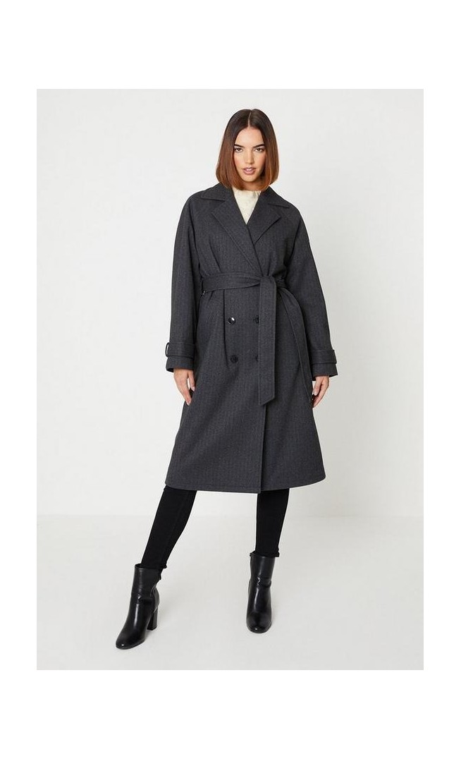 Herringbone Detail Belted Coat