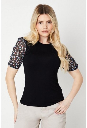 Contrast Mesh Sleeve Top