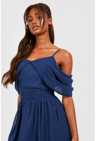 Chiffon Cold Shoulder Draped Midi Dress