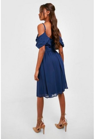 Chiffon Cold Shoulder Draped Midi Dress