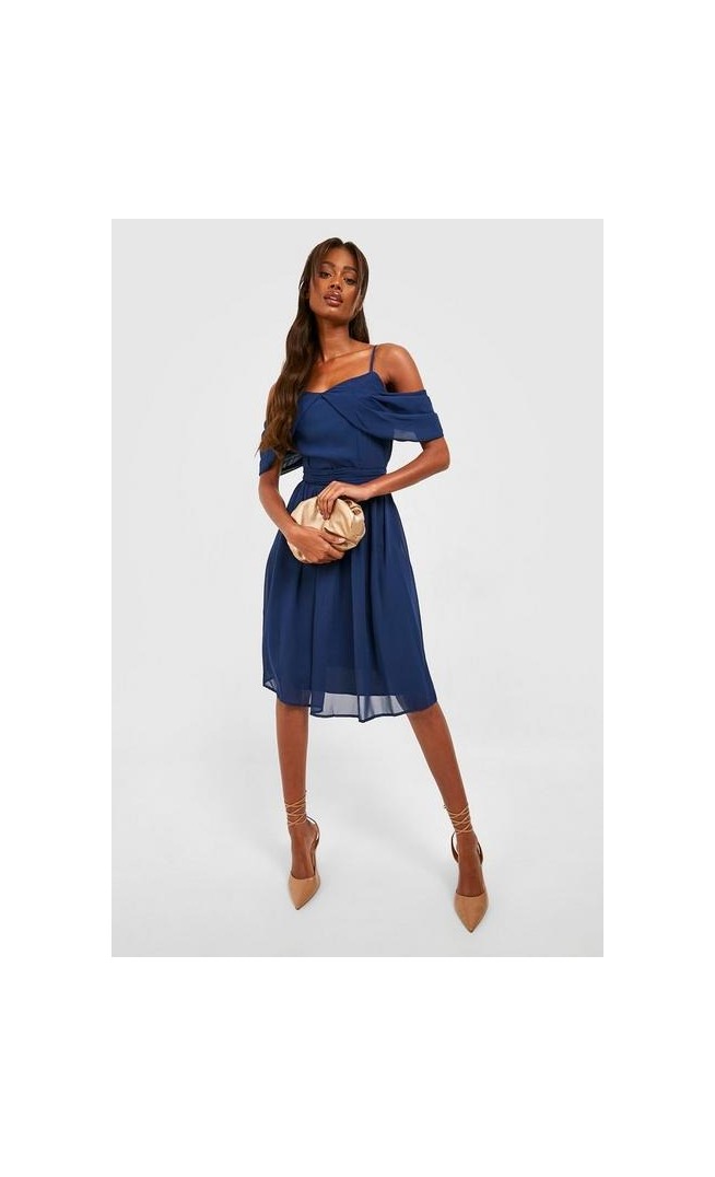 Chiffon Cold Shoulder Draped Midi Dress