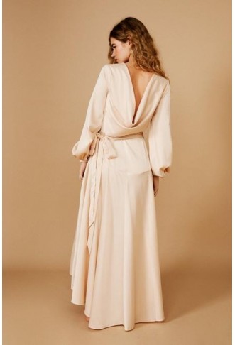 Satin Cowl Back Wrap Front Midi Dress