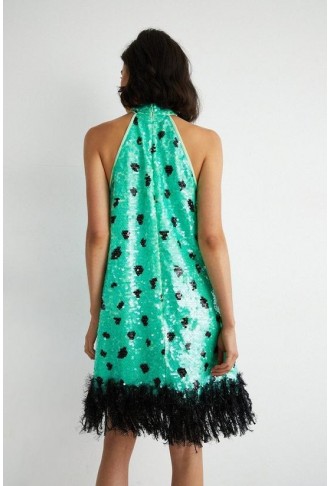 Halter Neck Feather Trim Sequin Mini Dress