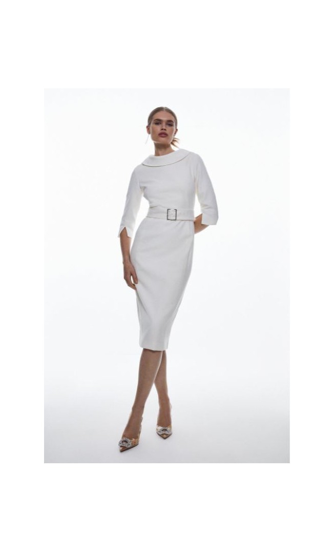 Tailored Structured Crepe Roll Neck Pencil Midi Dress