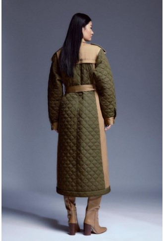 Khaki Quilted Trench Mix Belted Full Skirt Trench Coat