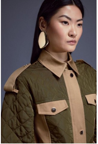 Khaki Quilted Trench Mix Belted Full Skirt Trench Coat