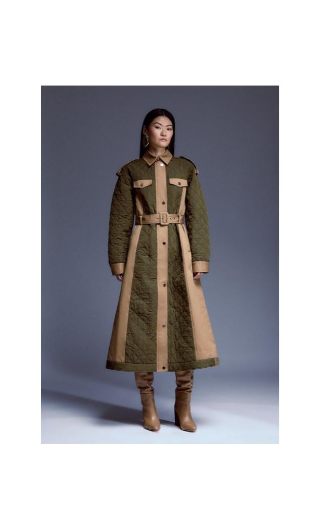 Khaki Quilted Trench Mix Belted Full Skirt Trench Coat