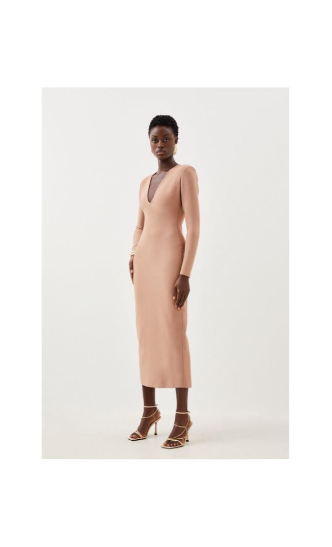 Figure Form Bandage Knit V Neck Midaxi Dress