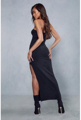 Premium Brushed Rib Bandeau Split Leg Maxi Dress