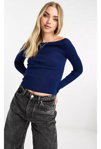 Pull&Bear ribbed long sleeved slash neck top in blue