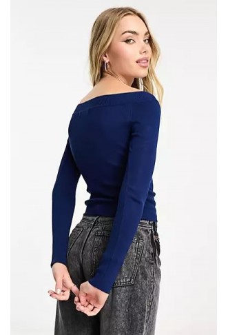 Pull&Bear ribbed long sleeved slash neck top in blue