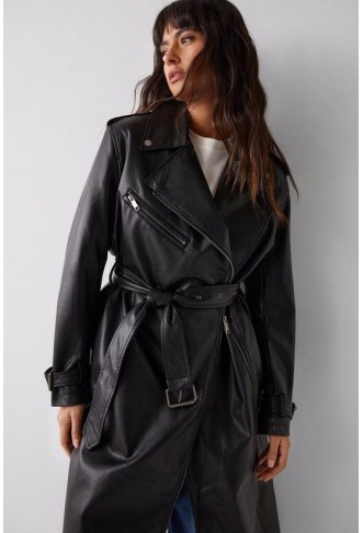 Faux Leather Biker Trench Coat