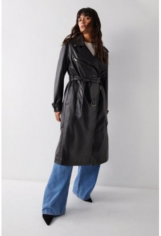 Faux Leather Biker Trench Coat