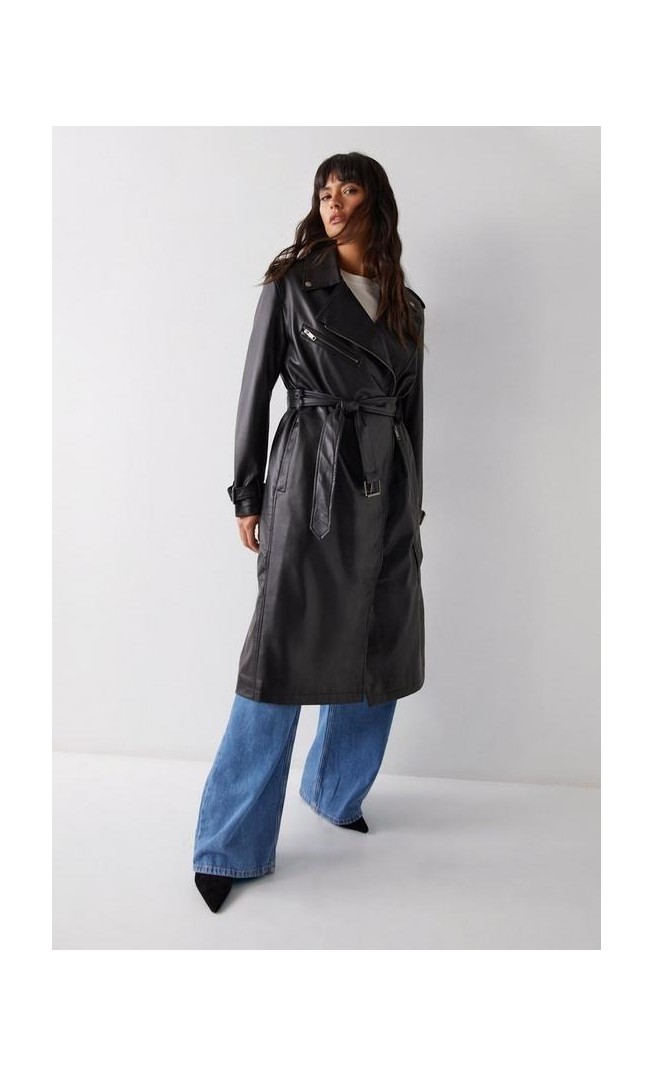 Faux Leather Biker Trench Coat