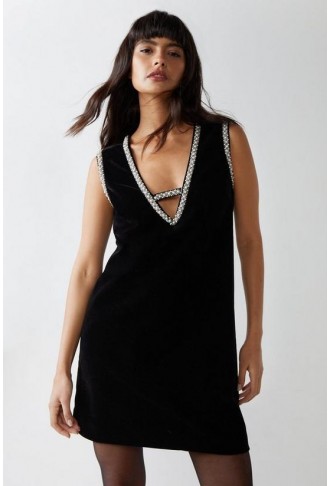 Beaded Trim V Neck Velvet Aline Mini Dress