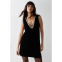 Beaded Trim V Neck Velvet Aline Mini Dress