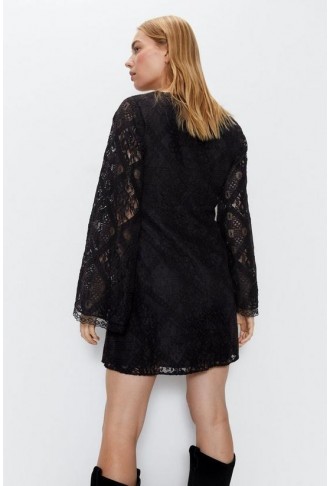 Lace Covered Button Flared Sleeve Mini Dress