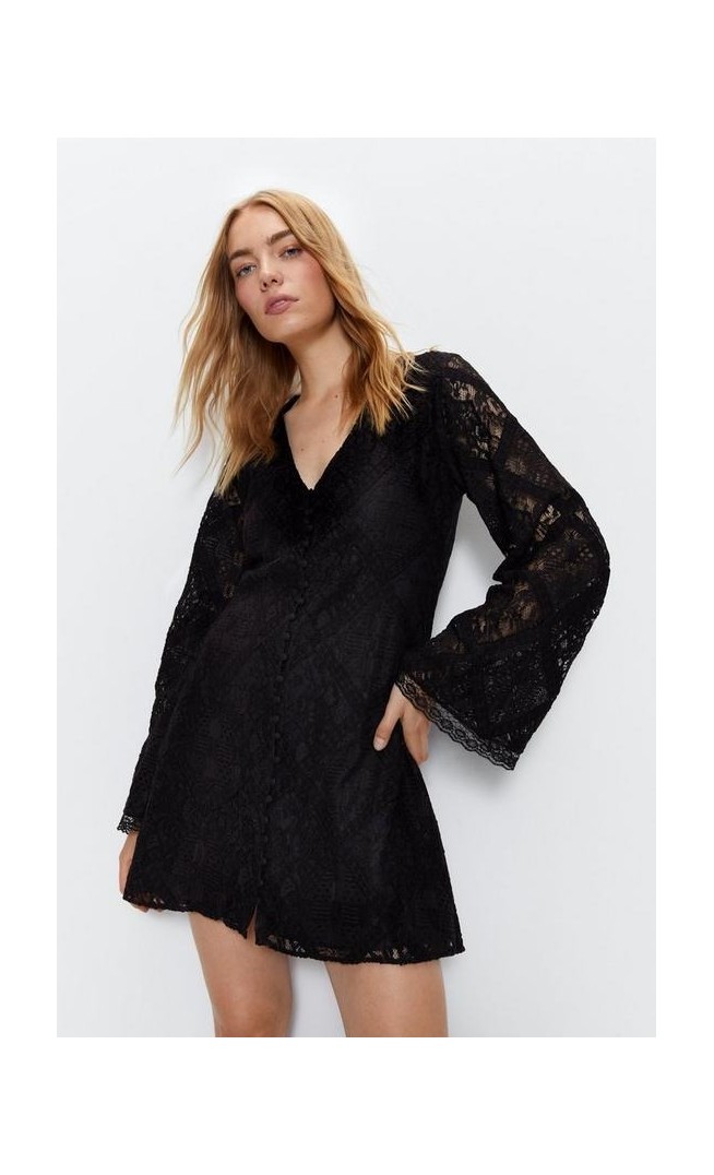 Lace Covered Button Flared Sleeve Mini Dress